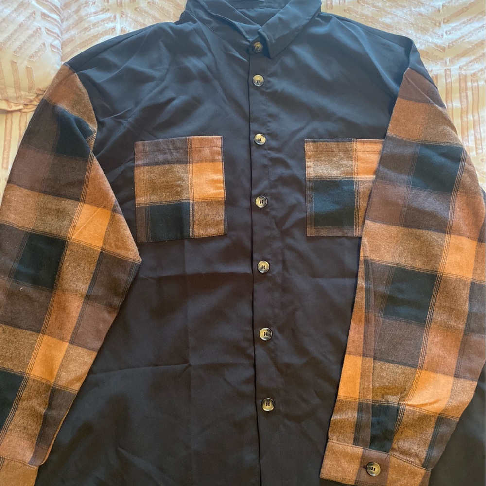 Shein , black with orange plaid , button up size xxl
